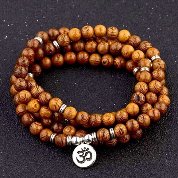 Tibetan Buddhist 108 Wood Beads Mala MultiLayer Om Charm Necklace OS - Picture 3 of 7